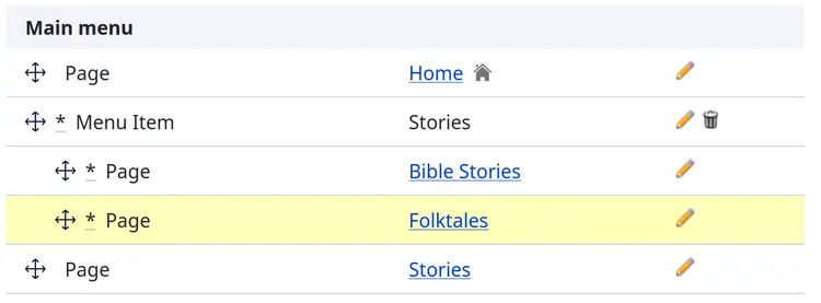 Pages under menu item